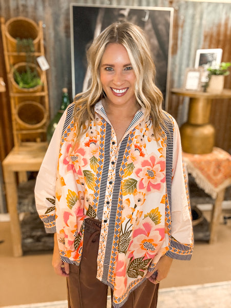 VINTAGE-INSPIRED FLORAL PRINT BUTTON DOWN, PINK MULTI