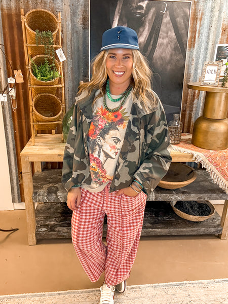 PLAID BARREL FIT PANTS, RUST PINK