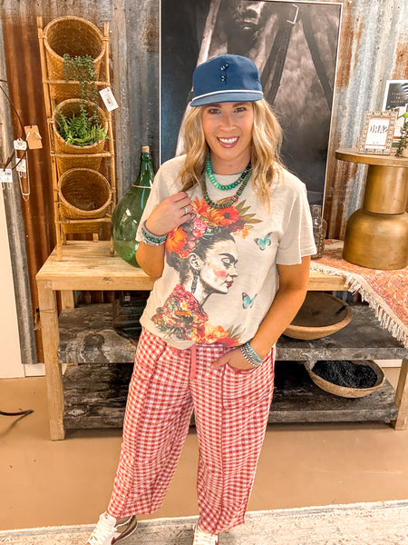 PLAID BARREL FIT PANTS, RUST PINK