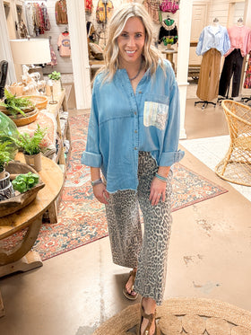 WASHED LEOPARD PRINT TWILL PANTS, BROWN