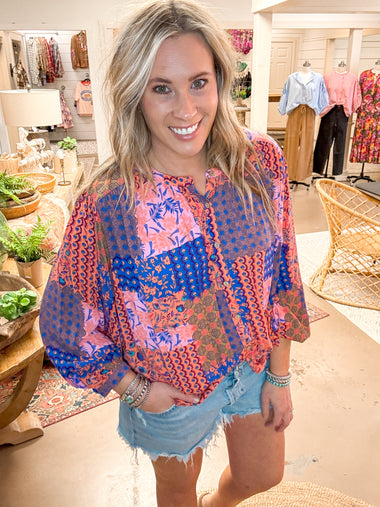 CORAL BLUE BUTTON DOWN BLOUSE