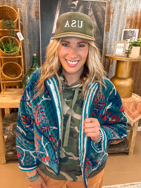 QUILTED VELVET JACKET, TEAL GREEN