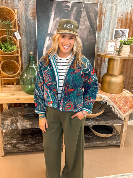 QUILTED VELVET JACKET, TEAL GREEN