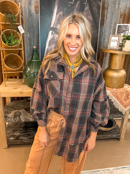 PLAID FLANNEL TUNIC DRESS, ASH