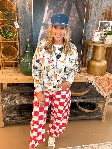 CHECKERED BARREL PANTS, WHITE/RED