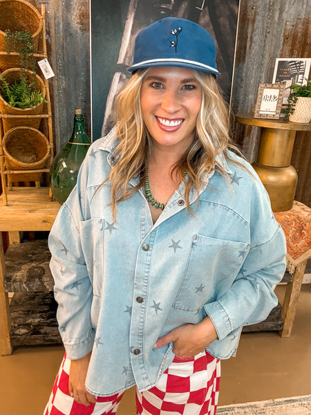 STAR PRINT WASHED DENIM BUTTON DOWN