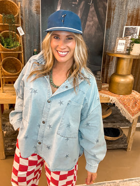 STAR PRINT WASHED DENIM BUTTON DOWN