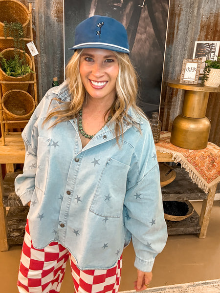 STAR PRINT WASHED DENIM BUTTON DOWN