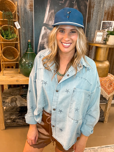 STAR PRINT WASHED DENIM BUTTON DOWN