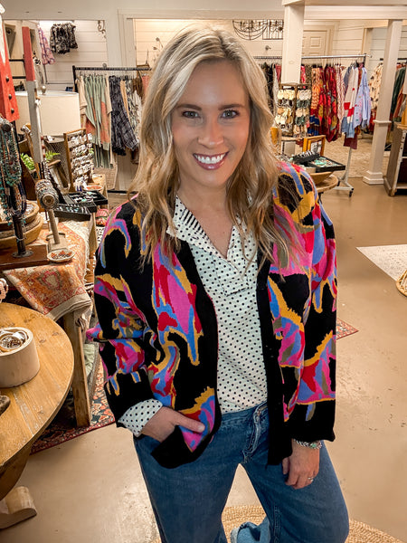 ABBY ABSTRACT PRINT CARDIGAN, BLACK