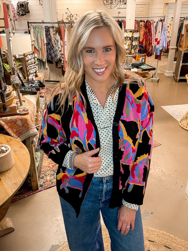 ABBY ABSTRACT PRINT CARDIGAN, BLACK