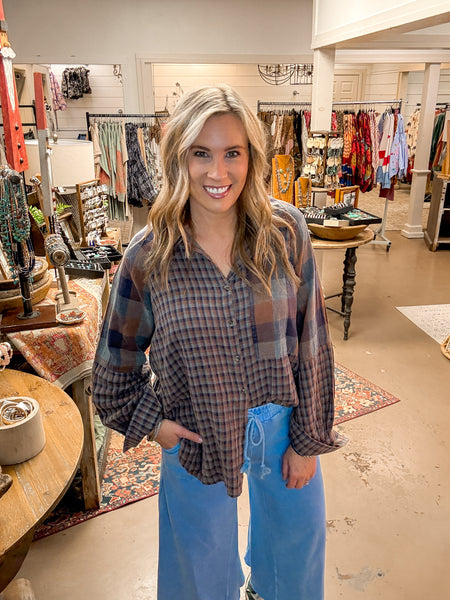 PENNY PLAID BUTTON DOWN, NAVY/BROWN