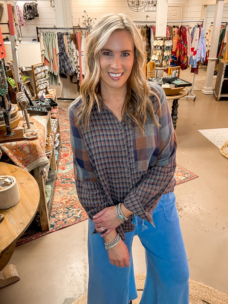 PENNY PLAID BUTTON DOWN, NAVY/BROWN