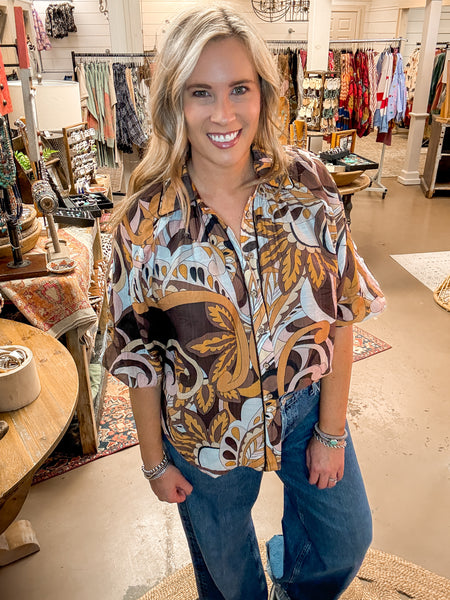 BROWN MIX PUFF SLEEVE BLOUSE