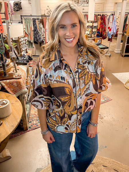 BROWN MIX PUFF SLEEVE BLOUSE