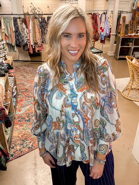 PAISLEY PRINTED BUBBLE SLEEVE BLOUSE