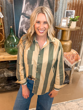 VINTAGE BOLD STRIPED BUTTON DOWN, OLIVE/BEIGE