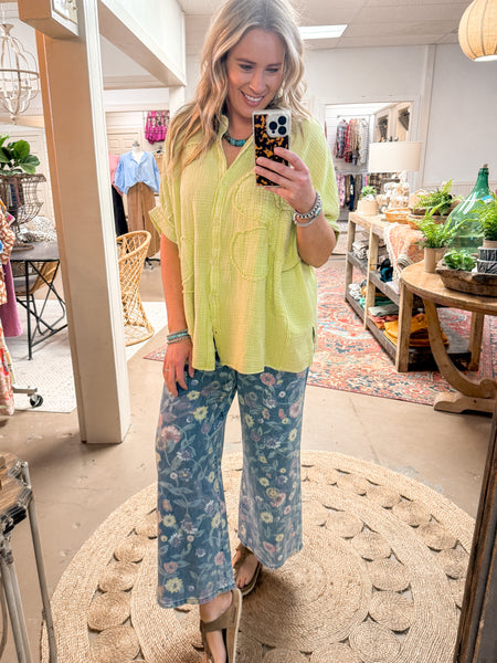 FLOWER PATCH COTTON GAUZE SHIRT, GREEN TEA