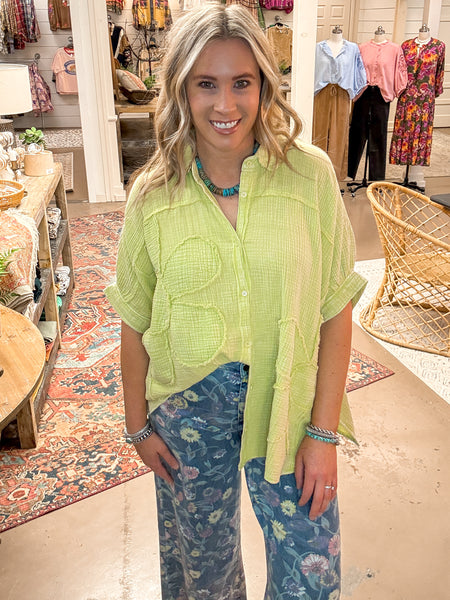 FLOWER PATCH COTTON GAUZE SHIRT, GREEN TEA