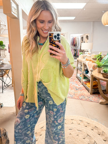 FLOWER PATCH COTTON GAUZE SHIRT, GREEN TEA