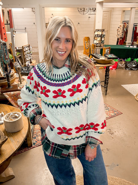 POINTED FLORAL SWEATER, POWDER CREAM