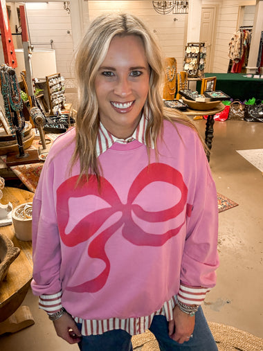 BOW PRINT TERRY PULLOVER, BUBBLE GUM