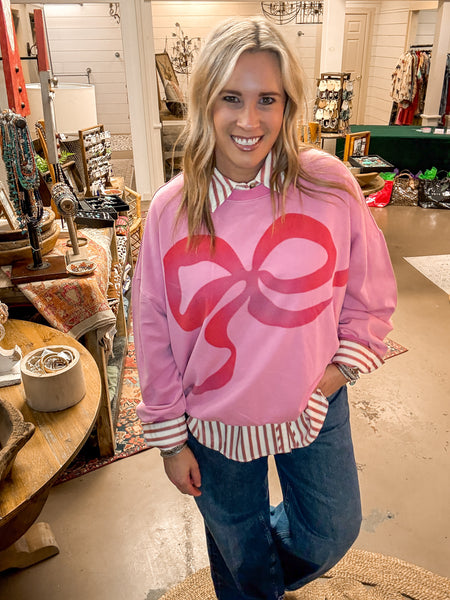 BOW PRINT TERRY PULLOVER, BUBBLE GUM