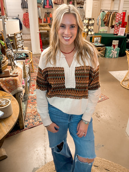 CROCHET MIX PULLOVER, OATMEAL