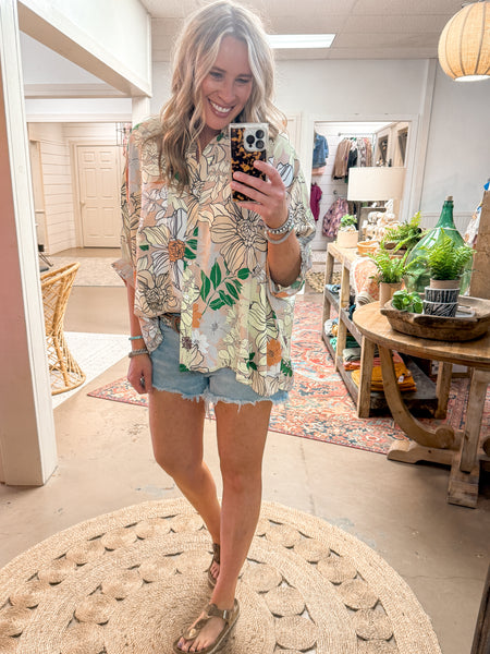 TAKE ME TO THE TROPICS BLOUSE, LATTE MULTI