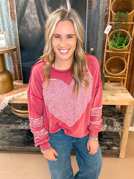 HAZEL HEART PATCH PULLOVER, BOHO RED