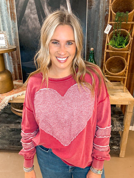 HAZEL HEART PATCH PULLOVER, BOHO RED