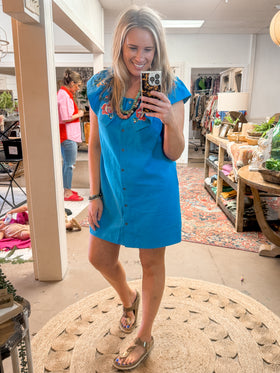 FLORAL EMBROIDERED DRESS W/ RUFFLED NECKLINE