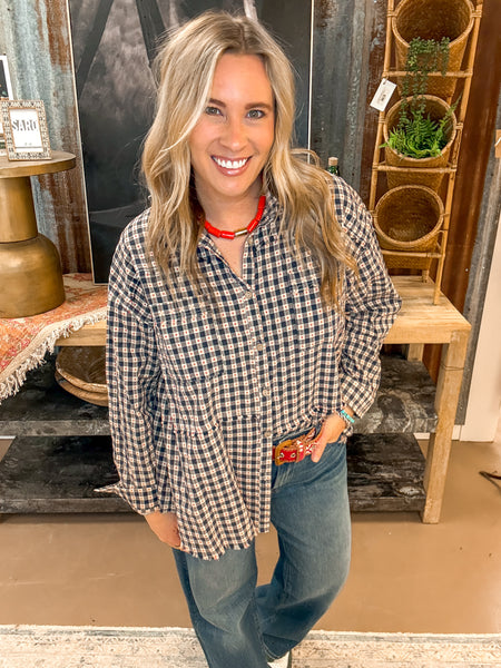 CROSS MY HEART PLAID BUTTON DOWN, BLUEBERRY