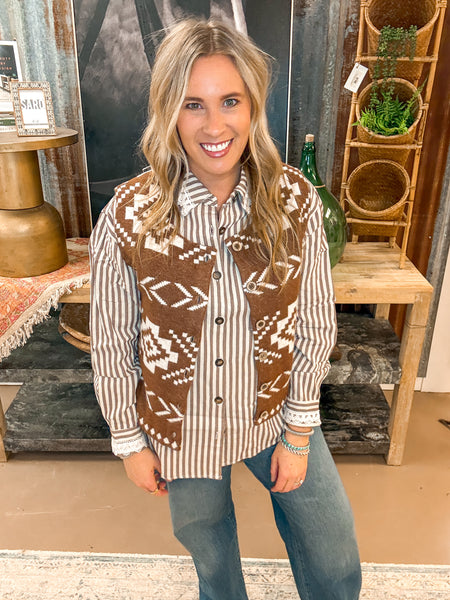 VAYLA AZTEC BUTTON DOWN VEST, AMBER BROWN