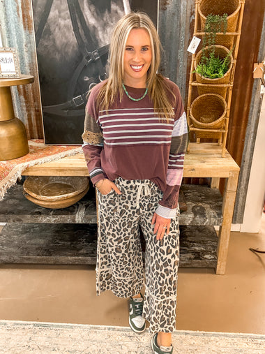 LEOPARD PRINT TERRY KNIT PANTS, MUSHROOM