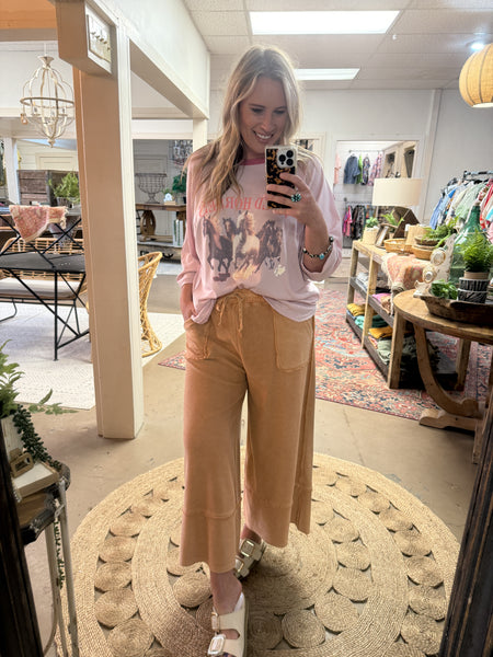 TERRY KNIT PALAZZO PANTS, CINNAMON