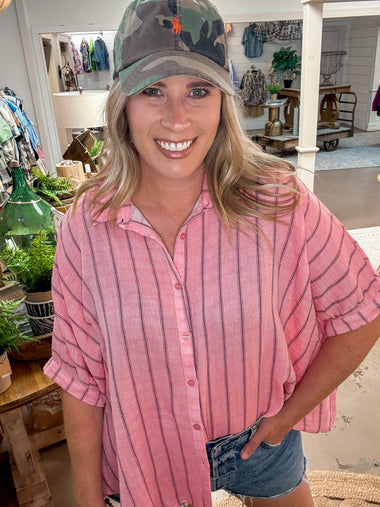 COTTON GAUZE BUTTON DOWN, CORAL PINK