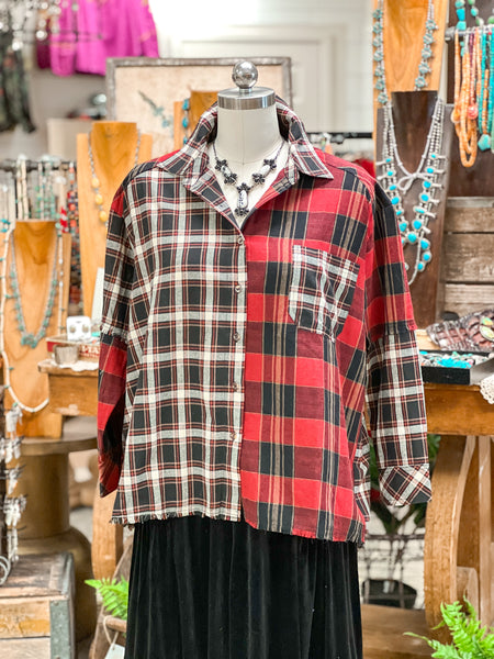 SOFT WASHED COLOR BLOCK FLANNEL, RED & BLACK