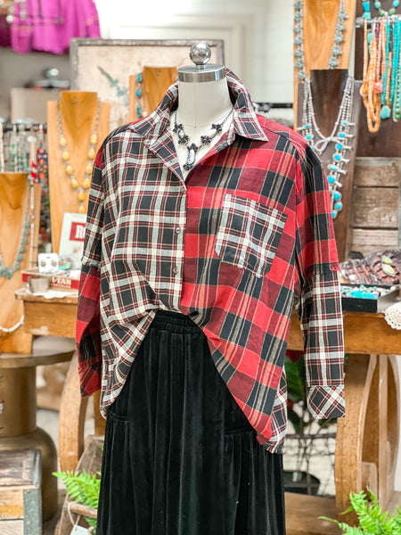 SOFT WASHED COLOR BLOCK FLANNEL, RED & BLACK