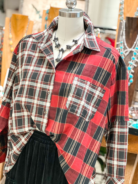 SOFT WASHED COLOR BLOCK FLANNEL, RED & BLACK
