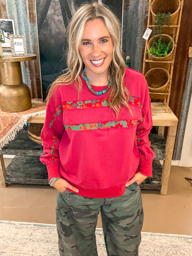 TERRY PULLOVER W/ FLOWER STRIPE, BOHO RED