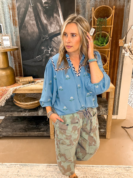 CHECK EMBROIDERY BLOUSE, DUSTY BLOUE