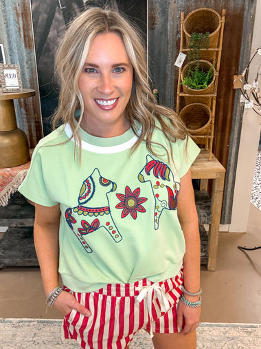 DONKEY EMBROIDERED SHORT SLEEVE SWEATSHIRT, SAGE