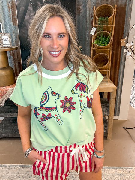 DONKEY EMBROIDERED SHORT SLEEVE SWEATSHIRT, SAGE