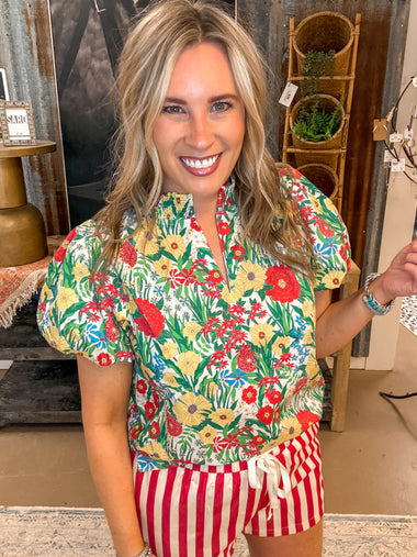 SMOCK NECK BLOUSE, YELLOW/RED