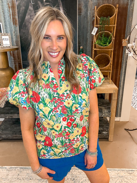 SMOCK NECK BLOUSE, YELLOW/RED