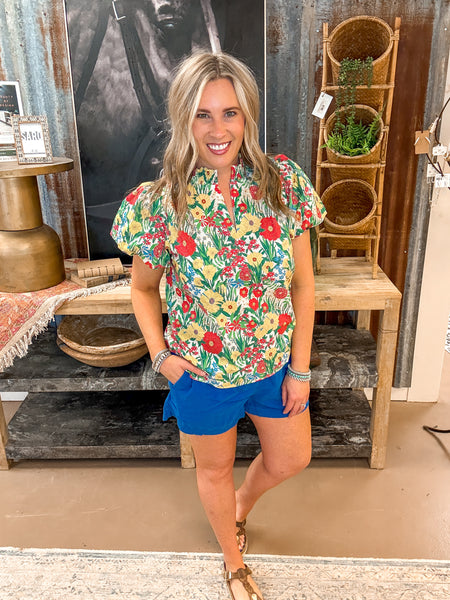 SMOCK NECK BLOUSE, YELLOW/RED