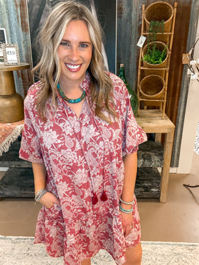 FLORAL JACQUARD SMOCKED DRESS, RED FLORAL