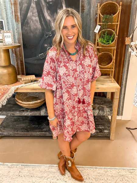 FLORAL JACQUARD SMOCKED DRESS, RED FLORAL