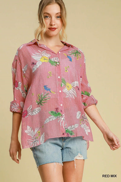 POLLY PARROT & STRIPE BUTTON DOWN